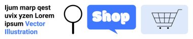 Büyüteç, mavi dükkan düğmesi ve alışveriş arabası. E-ticaret için ideal, çevrimiçi alışveriş, web sitesi tasarımı, dijital pazarlama, perakende. İniş sayfası için pankart