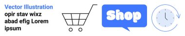 Alışveriş arabası ikonu, mavi konuşma balonu Dükkan metni ve ok sembollü saat. Ecommerce, zaman yönetimi, online alışveriş, iş ve kolaylık için ideal. İniş sayfası için pankart
