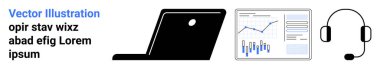 Laptop, grafik analiz ekranı, kulaklık iletişimi, veri analizini, teknik desteği, uzaktan çalışmayı, dijital pazarlamayı, sanal toplantıları sembolize eder. İş, teknoloji ve pazarlama bilişim analizleri için ideal