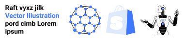 Robot, moleküler yapı ve alışveriş torbası. Teknoloji temaları, yapay zeka, makine eğitimi, e-ticaret, yenilik kavramları için idealdir. İniş sayfası