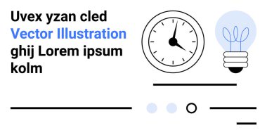 Siyah kadranlı saat, mavi iplikli ampul, üç satırlık yer tutucu metin ve ilerleme çubuğu elementleri. Zaman yönetimi, yaratıcılık, minimalizm, modern tasarım, temiz estetik için ideal