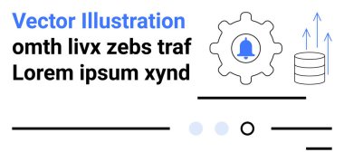 Tebligat zili, yukarı doğru oklu veri tabanı blokları, mavi ve siyah yatay çizgiler. Web geliştirme, teknoloji endüstrisi, veri yönetimi, iş akışları, kullanıcı için ideal