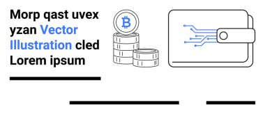 Bitcoin bozukluklarının yanında devre tasarımı olan kripto para birimi cüzdanı, mavi aksanlı. Finans hizmetleri, fintech, dijital pazarlama, teknoloji blogları, eğitim içeriği, iş sunumları için ideal