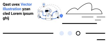 Birden fazla kolu, kalkanı, teknoloji ikonları, bulutları, çizgileri, mavi noktaları ve metin blokları olan robot. Teknoloji, yenilik, koruma, otomasyon, dijital dönüşüm için idealdir.