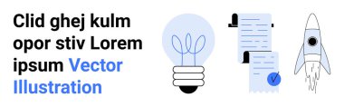 Ampul, işaretli belge ve roket elementleri. İş stratejisi, proje yönetimi, girişimler, yenilikler, beyin fırtınası, sunumlar ve pazarlama için ideal. İniş sayfası