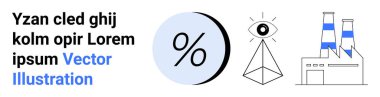 Yüzdelik sembolün yanına yazı, piramitte göz ve bacalı fabrika. İş, teknoloji, veri analizi, endüstriyel, eğitici, fütüristik, pazarlama temaları için idealdir. İniş sayfası