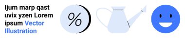 Yüzdelik sembolü, sulama kutusu ve mavi mutlu yüzü olan çemberin yanında anlamsız kelimeler içeren metin bloğu. Eğitim, finans, bahçıvanlık, markalaşma, pazarlama, UIUX tasarımı, web geliştirme için ideal
