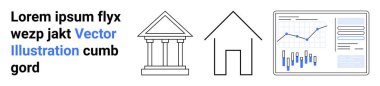 Banka simgesi, ev taslağı ve veri analiz paneli. Finans, emlak, veri bilimi, analitik, teknoloji, iş, pazarlama iniş sayfası için ideal