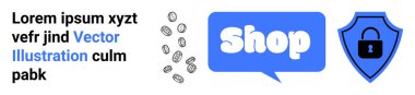 Mavi konuşma balonu, kilitli kalkan, bozuk paralar ve Lorem ipsum metni. Çevrimiçi alışveriş menkul kıymetleri, e-ticaret güvenliği, mali işlemler, güvenli ödemeler, dijital pazarlama için ideal