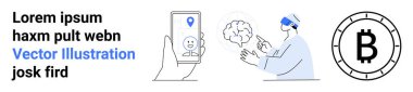 Metin tutucu, GPS ikonlu el bilgisayarı, yapay zeka beyin konsepti, VR kulaklığı olan kişi, Bitcoin sembolü. Yapay zeka, sanal gerçeklik, dijital kimlik, GPS izleme, kripto para birimi, fintech için ideal