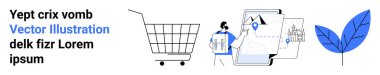 Alışveriş arabası, haritayı analiz eden kişi ve soyut bir şekilde yaprak. E-ticaret, seyahat, teknoloji, doğa, pazarlama, kullanıcı deneyimi, sürdürülebilirlik için ideal. İniş sayfası için pankart