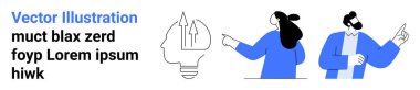 Yaratıcılık ve vizyonu temsil eden yukarı doğru oklu bir ampulü işaret ederken tartışan iki insan. İş stratejisi, yenilik, takım çalışması, beyin fırtınası, liderlik için ideal.