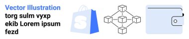 Bir alışveriş çantası, bir engelleme ağı şeması ve bir cüzdan var. Engelleme teknolojisi, e-ticaret, dijital para birimi, online alışveriş, fintech uygulamaları için ideal. İniş sayfası