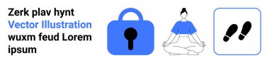Büyük mavi kilit ikonu, yoga pozunda meditasyon yapan bir insan ve ayak sesleri ikonu. Güvenlik, farkındalık uygulamaları, fitness takip cihazları, yaşam tarzı blogları, akıl sağlığı, fiziksel sağlık ve web sitesi için ideal