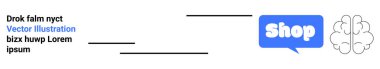 Beyaz arka planda, içinde Dükkan ve basit beyin çizimleri olan mavi baloncuklu iki siyah metin sütunu. E-ticaret için ideal yaratıcılık hayal gücü çevrimiçi öğrenme teknolojisi