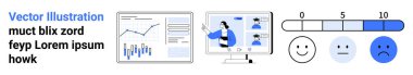 Çubuk ve çizgi çizelgeleri, webinarlı bilgisayar ekranı 0-10 arası tatmin ölçeği ve duygu geri besleme göstergeleri. İş, eğitim, webinarlar, sunumlar, veri analizi, müşteri için ideal