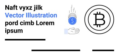 Bitcoin symbol, hand catching blue coins, placeholder text, and underlines. Ideal for fintech, cryptocurrency, education, presentations, websites, blogs, marketing materials and financial reports clipart