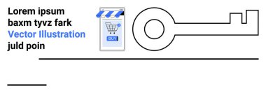 Satın alma tuşu, vitrin tentesi ve büyük bir anahtar sembolü olan dijital alışveriş arabası simgesi. Çevrimiçi alışveriş, siber güvenlik, e-ticaret siteleri, dijital pazarlama, şifre yönetimi, sanal