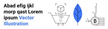 Metin bloğu, alışveriş arabasının üstündeki dijital küp, mavi yaprak ve Blockchain sembolü. Teknoloji, çevre dostu, e-ticaret, engelleme zinciri, kripto para, dijital finans ve yenilik için ideal. İniş sayfası