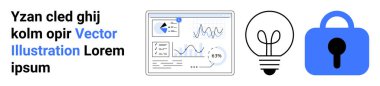 Analitik gösterge paneli, grafikler ve çizelgeler, fikirleri temsil eden ampul, güvenliği sembolize eden kilit. İş anlayışı, yenilik, veri analizi, beyin fırtınası, siber güvenlik, teknoloji için ideal