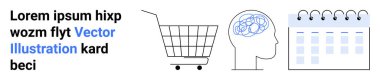 Alışveriş arabası beyin ve takvimi minimalist bir metinle planlıyor. Gelecekteki etkinliklerin organizasyon verimliliğini planlamak için e-ticaret planlamak için idealdir. İniş sayfası için pankart