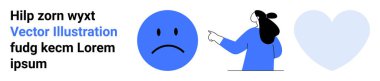 Üzgün bir yüz ifadesini işaret eden kişi, manşetli sol metin bloğu ve soluk kalp şeklinde lorem ipsum. Duygu iletişimi, sosyal medya, web sitesi afişleri, sunumlar, bilgi grafikleri için ideal