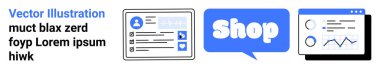 Profil kartıyla kullanıcı arayüzü başlığı, Dükkan düğmesi ve mavi-beyaz arkaplan analizi grafiği. E-ticaret, veri analizi, çevrimiçi alışveriş, web sitesi tasarımı, iş paneli için ideal