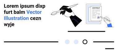 El ele tutuşan kalem imzalama sözleşmesi, soyut çizgiler, siyah-mavi lorem ipsum metni. Hukuki hizmetler, sözleşme yönetimi, işletme, editoryal, web siteleri, mesleki hizmetler, eğitim için ideal