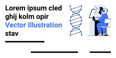Mavi elbiseli bilim adamı bilgisayardaki verileri analiz ediyor. Ortadaki DNA sarmalı, soldaki metin. Bilim, araştırma, teknoloji, tıp, laboratuvar, genetik, eğitim içeriği için ideal. İniş sayfası