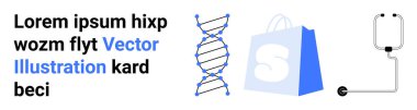 DNA sarmalı, mavi alışveriş çantası ve siyah steteskop. Sağlık, çevrimiçi alışveriş, genetik, tıbbi hizmetler ve bilimsel araştırma için ideal. İniş sayfası