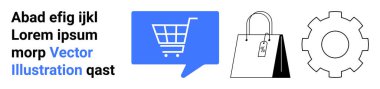 Metin bloğu, konuşma balonunda mavi alışveriş arabası, siyah beyaz alışveriş torbası ve vites simgesi. E-ticaret, çevrimiçi alışveriş, perakende, web tasarımı, kullanıcı arayüzü, teknoloji, pazarlama için ideal. İniş