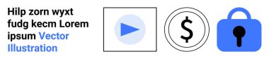 Play button inside a square, dollar sign in a circle, and blue lock icon next to placeholder text. Ideal for finance, security, e-learning, media, advertisements, website design, digital marketing