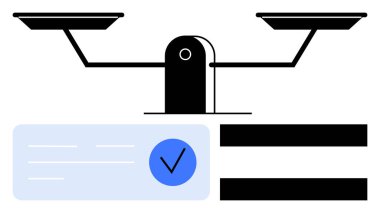 Metin satırları ve siyah yatay çubukları olan mavi bir işaretin üzerinde dengeleyici ölçek. Adalet, eşitlik, denge, karar verme, yasal, değerlendirme ve etik için idealdir. Satır metaforu