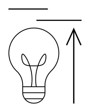 Yukarı doğru ok ve iki yatay çizgiye sahip ampul simgesi fikirleri, ilerlemeyi ve büyümeyi temsil ediyor. İş, eğitim, girişimler, yenilikler, hedefler, teknoloji ve başarı temaları için idealdir. Çizgi