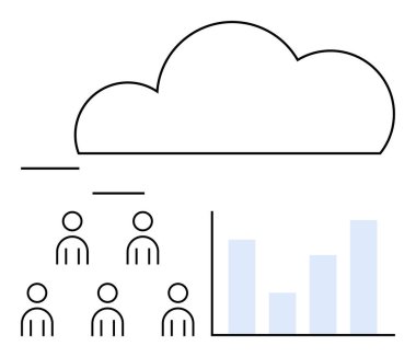 Cloud six human icons, bar graph inside rectangle. Ideal for cloud computing, data analysis, teamwork, statistics, collaboration, technology, and big data themes. Line metaphor clipart