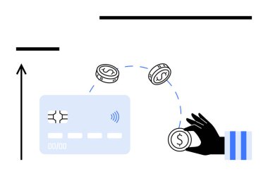 Coins hover above a contactless credit card a hand reaching out. Ideal for finance, banking, e-commerce, digital payments, online transactions, modern economy, cashless society. Line metaphor clipart