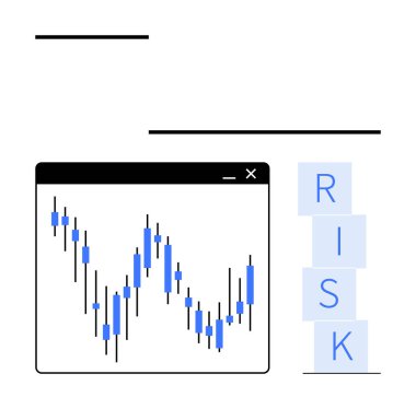 RISK yazarken mavi blokların dikey düzenlenmesinin yanında siyah kenarlı bir pencerede gösterilen şamdan şeması. Finans, yatırım, borsa, risk yönetimi, ticaret, veri analizi için ideal