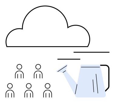 Cloud six stylized people, watering can. Ideal for teamwork, cloud computing, collaboration, growth, nurturing, tech support, innovation Line metaphor clipart