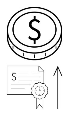 Dolar işaretli para, kurdeleli mali sertifika, büyümeyi temsil eden yukarı doğru ok. Finans, yatırım, ekonomi, borsa, finansal planlama iş büyümesi karı için idealdir. Çizgi