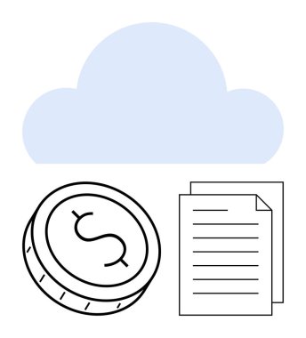 Bir doların üzerinde bulut simgesi ve finansal bilgilerin güvenli bir şekilde saklandığını gösteren iki belge. Finans, veri depolama, dijital güvenlik, bulut hesaplama, iş, bankacılık için ideal