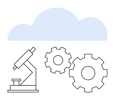 Açık mavi bir bulutun altındaki mekanik viteslerin yanında mikroskop. Teknoloji, yenilik, araştırma, bilim, veri analizi, bulut hesaplama ve mühendislik konuları için idealdir. Satır metaforu
