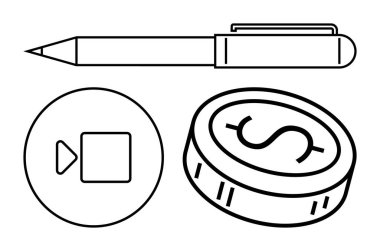 Kalem, oynatma tuşu ve beyaz arka planda dolar para taslağı. İş planlaması, mali stratejiler, çevrimiçi pazarlama, video içeriği, yatırım temaları, eğitim materyalleri için ideal