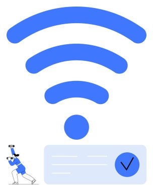 Mavili adam, kollarıyla tezahürat yapıyor dev kablosuz sembol ve işaretin yanında heyecanla yükseliyor. Bağlantı, başarı, başarı, teknoloji, internet, kutlama iletişimi için ideal. Çizgi