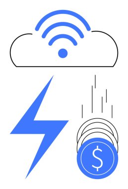 Kablosuz sinyali olan bulut, mavi yıldırım ve düşen paralar. Teknolojik yenilik, finans, bulut hesaplama, bağlantı, enerji çözümleri yatırım dijital dönüşümü için idealdir. Çizgi