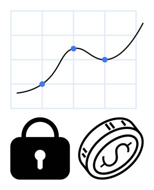 Büyümeyi gösteren üç veri içeren çizgi çizelgesi, siyah güvenlik kilidi ve dolar parası. Finans, yatırım, tasarruf, güvenlik, ekonomik analiz, mali ipuçları ve eğitim için ideal