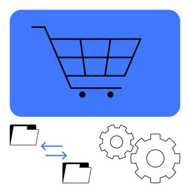 Alışveriş arabası simgesi, klasörler arasında dosya transferi ve konfigürasyon dişlileri. Çevrimiçi perakende satış, veri yönetimi, dosya paylaşımı, bilişim süreçleri, bulut hesaplama, iş akışı otomasyonu ve yazılım için ideal