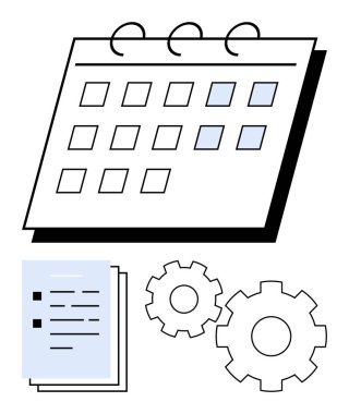 Vurgulanmış tarihler, belgeler ve vitesli takvim. Proje yönetimi, iş akışı planlaması, takım koordinasyonu, program ayarlaması, iş organizasyonu, zaman yönetimi stratejisi için ideal