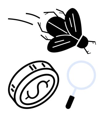 Hareket halinde uç, büyüteç ve dolar işaretli para. Mali teftiş, ekonomik analiz, haşere kontrolü, soruşturma, araştırma pazarı incelemesi ve sorun çözme bağlamları için idealdir. Çizgi