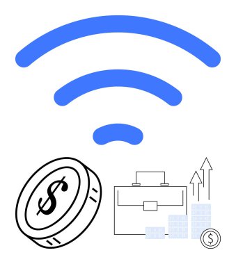 Paranın üstündeki kablosuz sembol, iş çantası ve dolar işareti ile yükselen grafik. Finans, yatırım, çevrimiçi iş, ağ oluşturma, dijital ekonomi bağlantı veri değişimi için idealdir. Çizgi