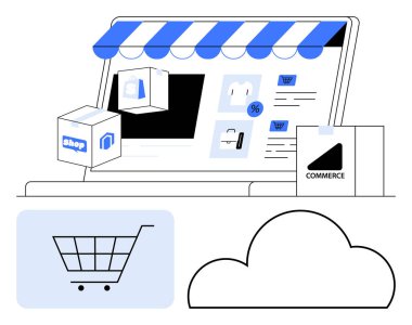 E-ticaret web sitesi, tentenin altında, paketler, alışveriş arabası ikonu ve bulut taslağı. Çevrimiçi perakende satış, dijital pazarlama, bulut ticareti, mobil alışveriş, sanal mağazalar ödemesi için ideal